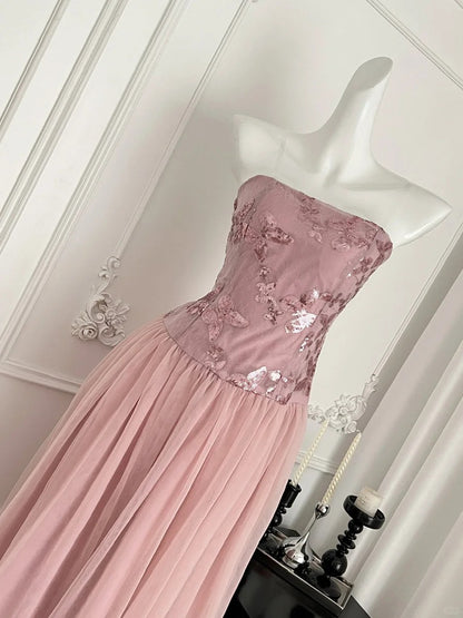 Élégante Robe de Bal Longue en Tulle Pailleté Coupe Droite Bustier Rose Robe de Soirée Robe de Demoiselle d'honneur P4010