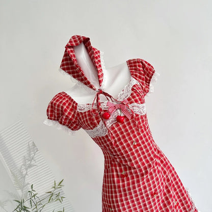 Sweet Retro Red And White Plaid Short-sleeved Waist A-line 15th Birthd Sweet Retro Red And White Plaid Short-sleeved Waist A-line 15th Birthd