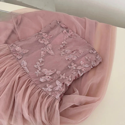 Élégante Robe de Bal Longue en Tulle Pailleté Coupe Droite Bustier Rose Robe de Soirée Robe de Demoiselle d'honneur P4010