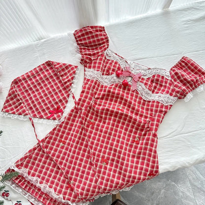 Sweet Retro Red And White Plaid Short-sleeved Waist A-line 15th Birthd –  PreppyDress