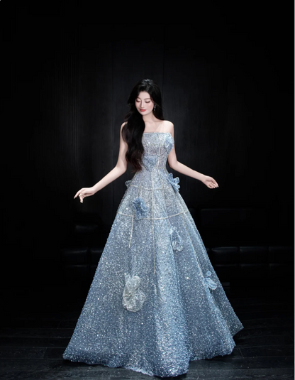 Elegantes blaues, trägerloses A-Linien-Abendkleid aus Tüll mit 3D-Blumenstickerei und Pailletten, langes Ballkleid P4102