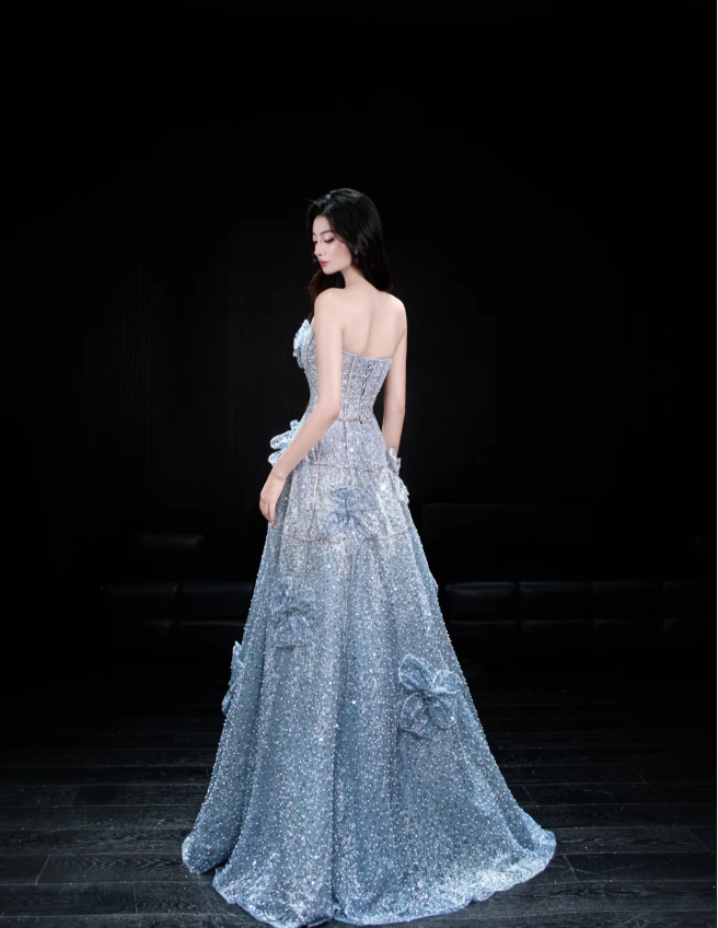 Elegantes blaues, trägerloses A-Linien-Abendkleid aus Tüll mit 3D-Blumenstickerei und Pailletten, langes Ballkleid P4102