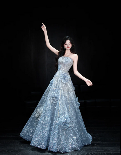 Elegantes blaues, trägerloses A-Linien-Abendkleid aus Tüll mit 3D-Blumenstickerei und Pailletten, langes Ballkleid P4102