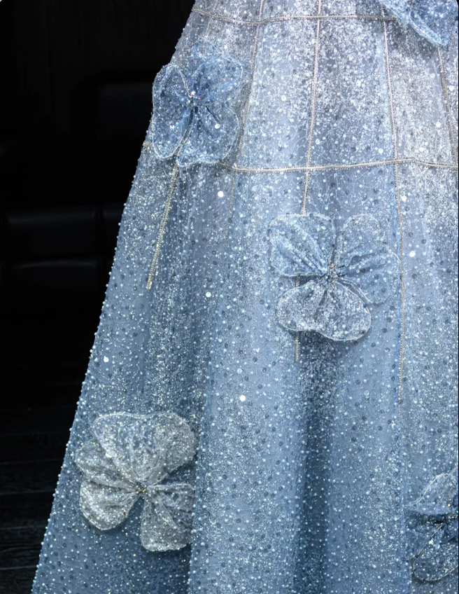 Elegantes blaues, trägerloses A-Linien-Abendkleid aus Tüll mit 3D-Blumenstickerei und Pailletten, langes Ballkleid P4102