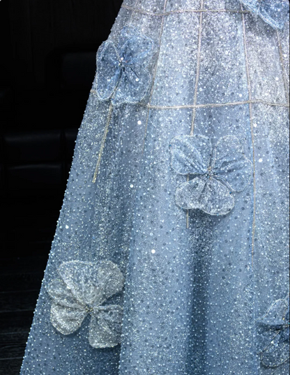 Elegantes blaues, trägerloses A-Linien-Abendkleid aus Tüll mit 3D-Blumenstickerei und Pailletten, langes Ballkleid P4102