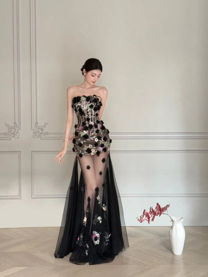 Luxuriöses schwarzes A-Linien-Abendkleid mit 3D-Blumenpailletten, trägerlos, aus Tüll, lang, Ballkleid P4105