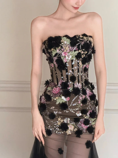 Luxuriöses schwarzes A-Linien-Abendkleid mit 3D-Blumenpailletten, trägerlos, aus Tüll, lang, Ballkleid P4105