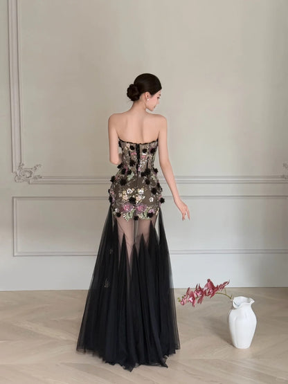 Luxuriöses schwarzes A-Linien-Abendkleid mit 3D-Blumenpailletten, trägerlos, aus Tüll, lang, Ballkleid P4105
