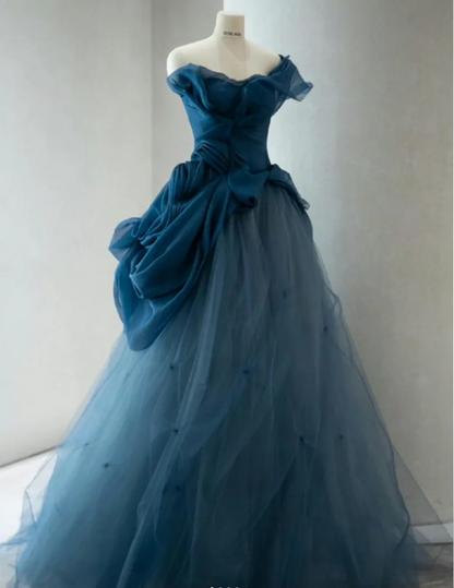 Retro Elegantes Marineblaues One-Shoulder Tüll Langes Ballkleid Abendkleid P4108
