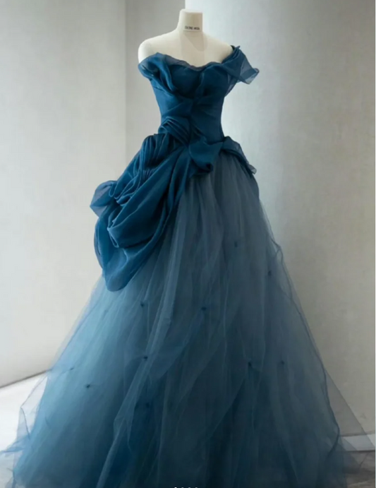 Retro Elegantes Marineblaues One-Shoulder Tüll Langes Ballkleid Abendkleid P4108
