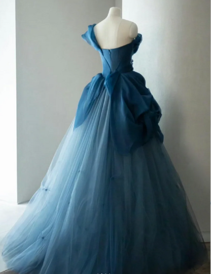 Retro Elegantes Marineblaues One-Shoulder Tüll Langes Ballkleid Abendkleid P4108