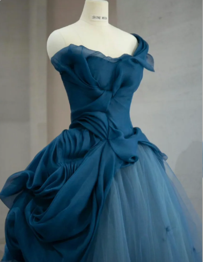 Retro Elegantes Marineblaues One-Shoulder Tüll Langes Ballkleid Abendkleid P4108