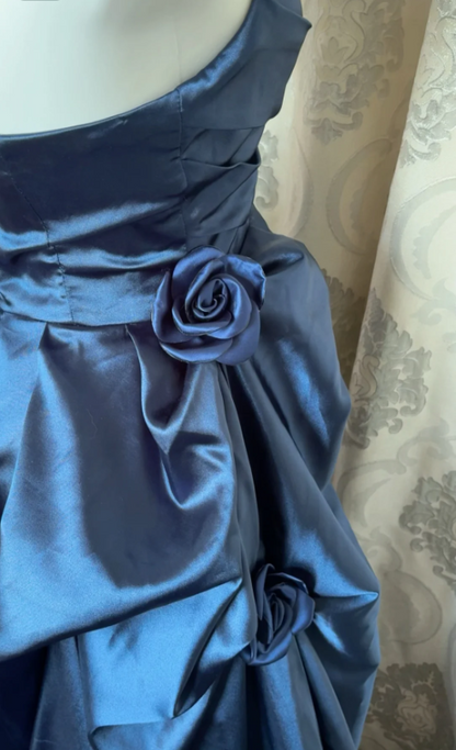 Vintage marineblaues trägerloses Satin-Ballkleid Abendkleid P4109