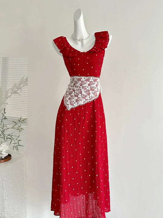 Sweet Red And White Polka Dot A-line Ruffle Waist Long Prom Dress 17th Birthday Dress P4011