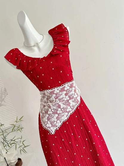 Süßes rot-weißes gepunktetes A-Linien-Rüschen-Taillen-langes Ballkleid 17. Geburtstagskleid P4011