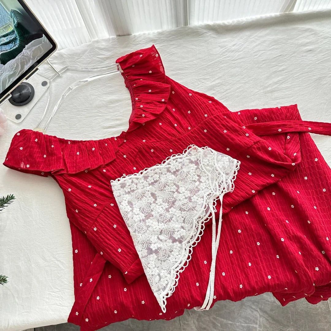 Sweet Red And White Polka Dot A-line Ruffle Waist Long Prom Dress 17th Birthday Dress P4011