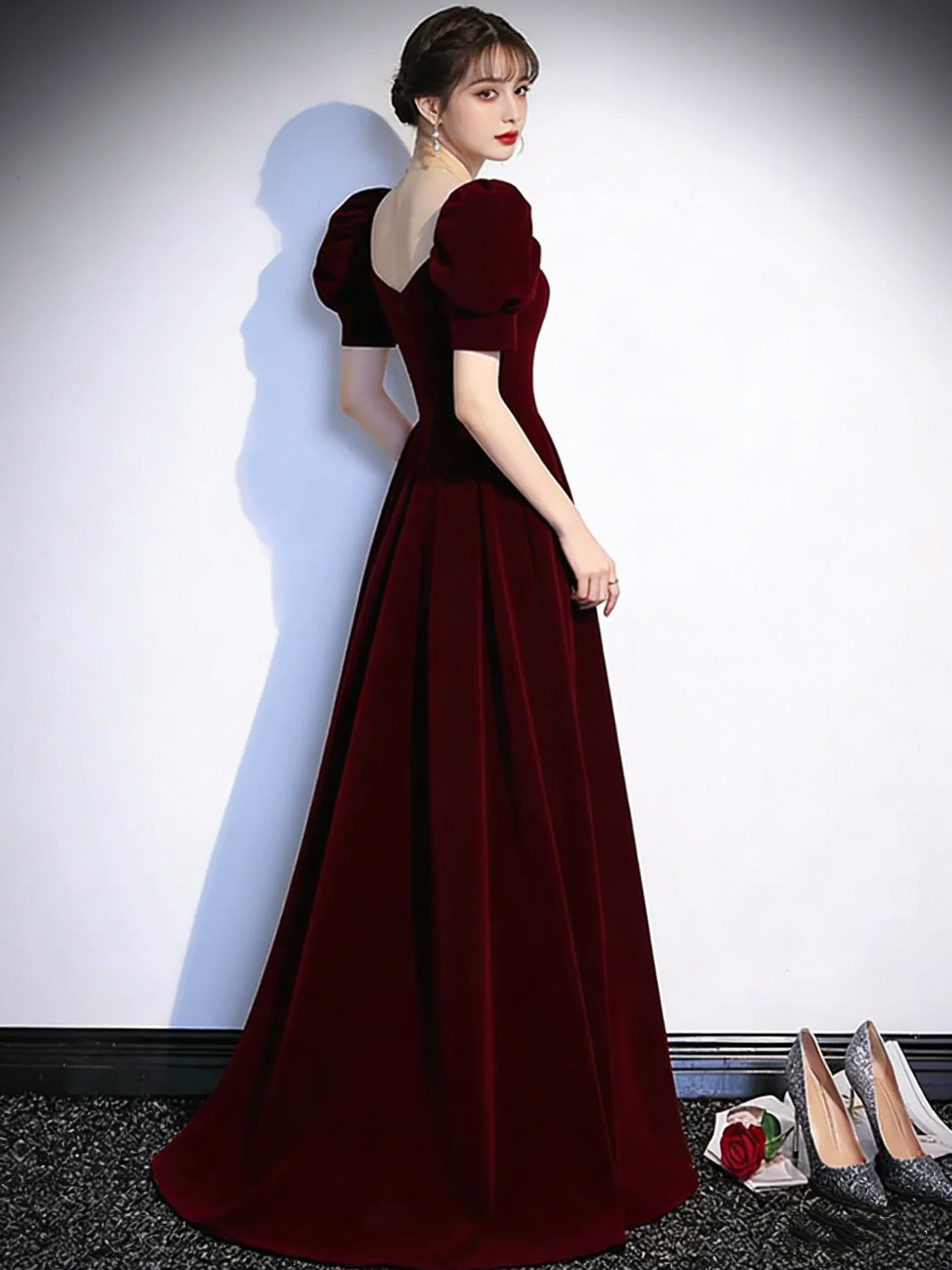 white christmas dresses Burgundy Tulle Long A-line Prom Dress, Cute Short Sleeve Evening Party
