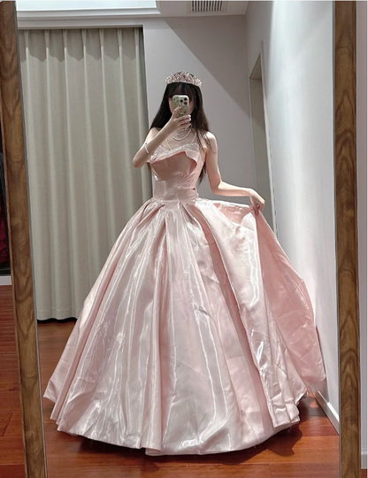 Prinzessin Pink Trägerloses Rüschenhals Satiniertes Bodenlanges Ballkleid Abendkleid 16. Geburtstagskleid P4110