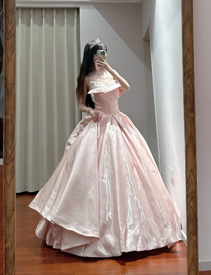 Prinzessin Pink Trägerloses Rüschenhals Satiniertes Bodenlanges Ballkleid Abendkleid 16. Geburtstagskleid P4110