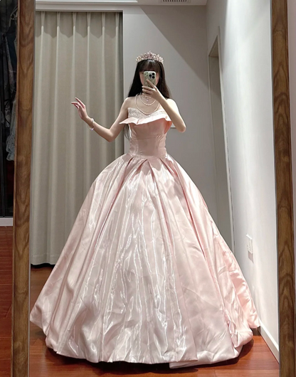 Prinzessin Pink Trägerloses Rüschenhals Satiniertes Bodenlanges Ballkleid Abendkleid 16. Geburtstagskleid P4110