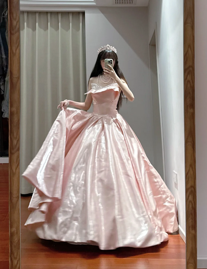 Prinzessin Pink Trägerloses Rüschenhals Satiniertes Bodenlanges Ballkleid Abendkleid 16. Geburtstagskleid P4110