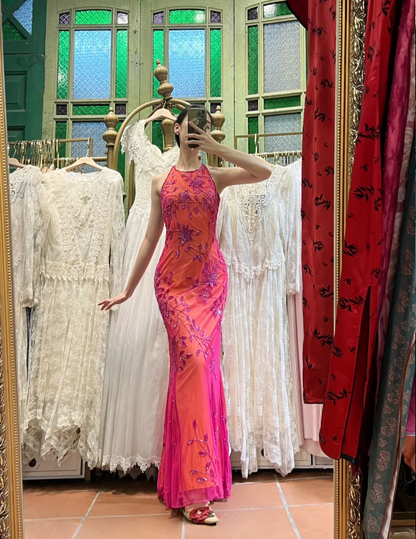 open lace back dress Retro Orange-Pink Mermaid Halter Neck Backless Beaded Tulle Long Prom