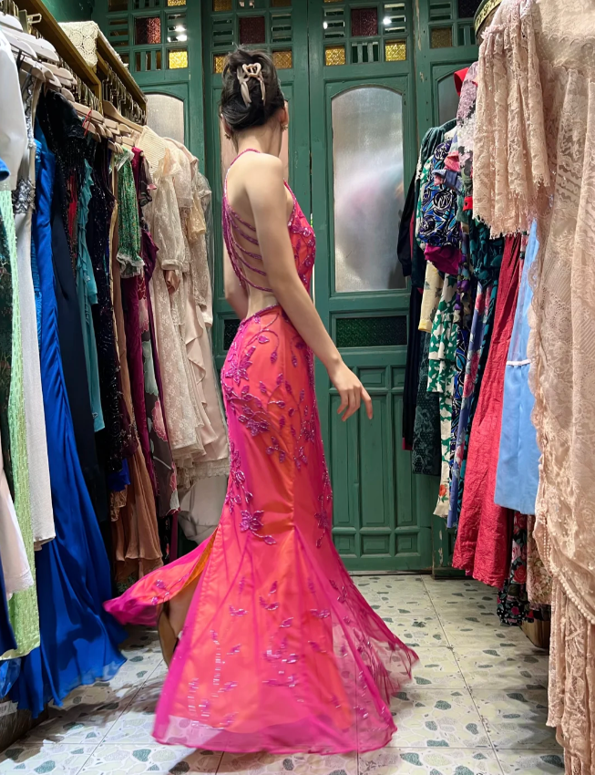 Retro orange-pink Meerjungfrau Neckholder rückenfrei Perlen Tüll langes Ballkleid Abendkleid P4114