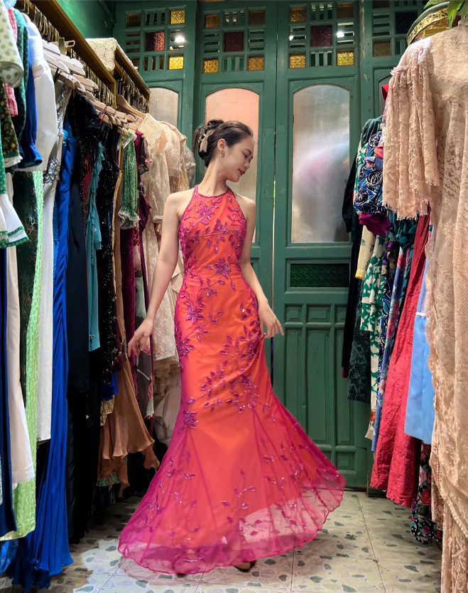 Retro Orange-Pink Mermaid Halter Neck Backless Beaded Tulle Long Prom PreppyDress Retro Orange-Pink Mermaid Halter Neck Backless Beaded Tulle Long Prom PreppyDress
