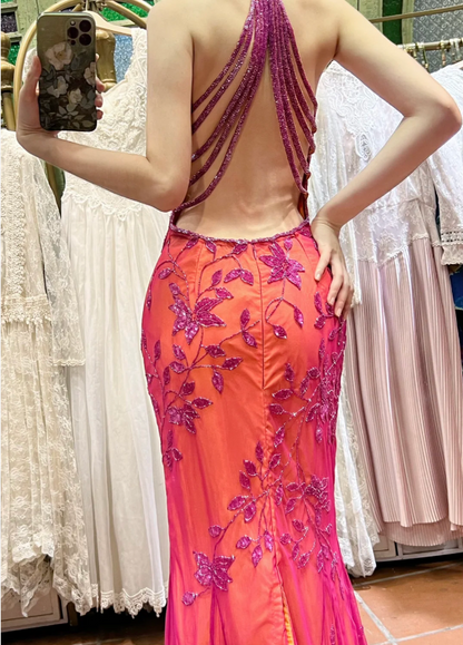 open lace back dress Jude Orange Floral Print Maxi Formal Dress