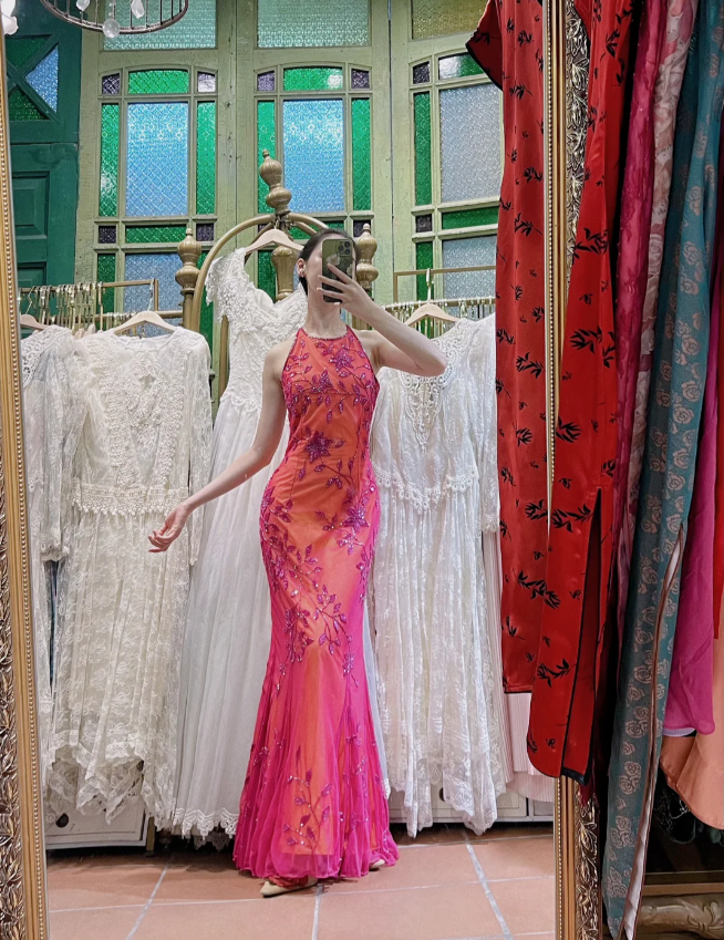 Retro Orange-Pink Mermaid Halter Neck Backless Beaded Tulle Long Prom PreppyDress Retro Orange-Pink Mermaid Halter Neck Backless Beaded Tulle Long Prom PreppyDress