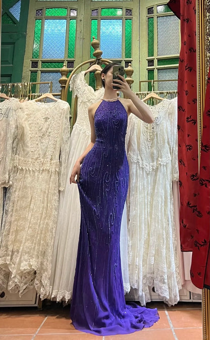 Vintage Deep Purple Meerjungfrau Neckholder Rückenfrei Perlen Chiffon Ballkleid Abendkleid P4115