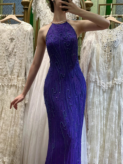 Vintage Deep Purple Meerjungfrau Neckholder Rückenfrei Perlen Chiffon Ballkleid Abendkleid P4115