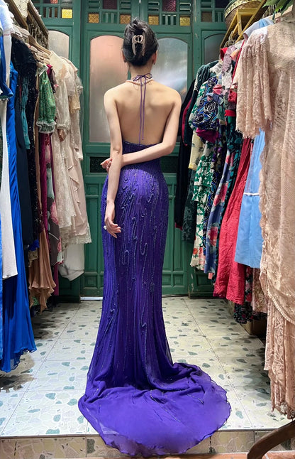 Vintage Deep Purple Meerjungfrau Neckholder Rückenfrei Perlen Chiffon Ballkleid Abendkleid P4115