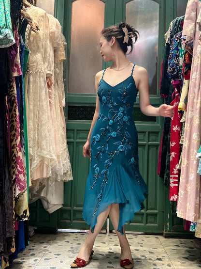 Retro Elegantes Pfauenblaues Unregelmäßiges Tiefes V-Halter Besticktes Chiffon Ballkleid Abendkleid P4119