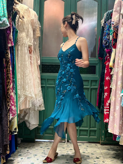 Retro Elegantes Pfauenblaues Unregelmäßiges Tiefes V-Halter Besticktes Chiffon Ballkleid Abendkleid P4119