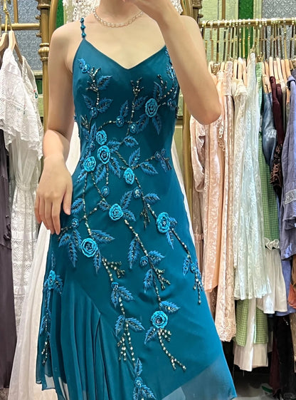 Retro Elegantes Pfauenblaues Unregelmäßiges Tiefes V-Halter Besticktes Chiffon Ballkleid Abendkleid P4119