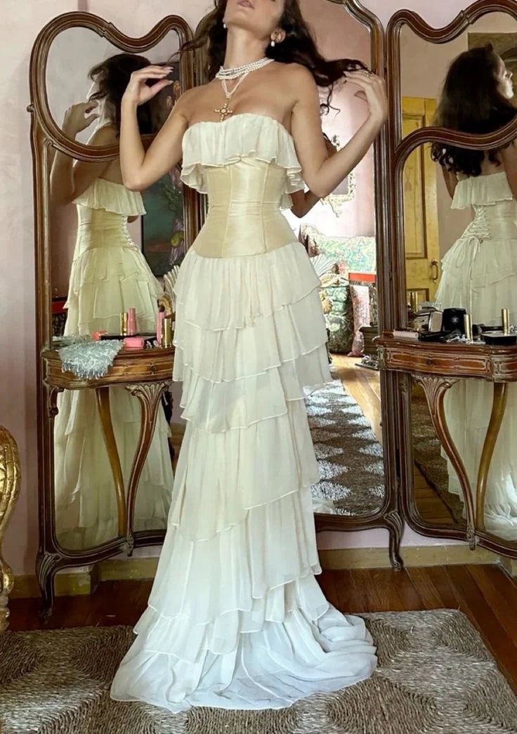 Vintage A line Strapless White Chiffon Long Prom Dresses P1771 PreppyDress Vintage A line Strapless White Chiffon Long Prom Dresses P1771 PreppyDress