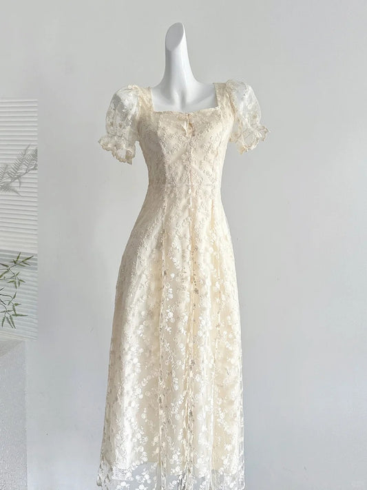 Elegant Vintage Ivory A-line Square Neck Short Sleeve Lace Waist Long Prom Dress Evening Dress P4012
