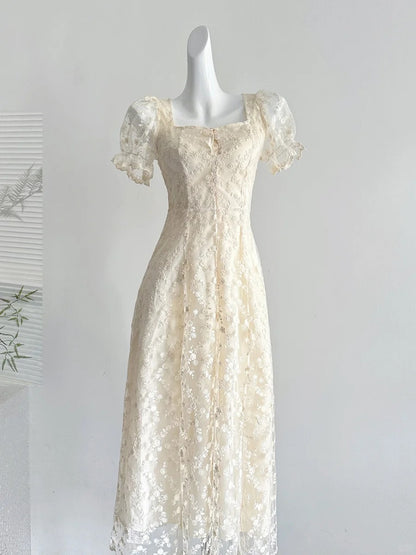 Elegant Vintage Ivory A-line Square Neck Short Sleeve Lace Waist Long Prom Dress Evening Dress P4012