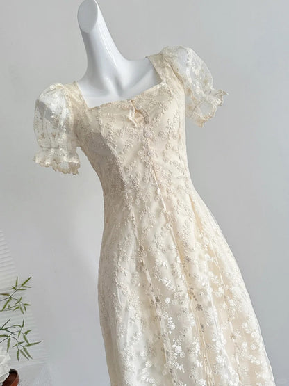 Elegant Vintage Ivory A-line Square Neck Short Sleeve Lace Waist Long Prom Dress Evening Dress P4012