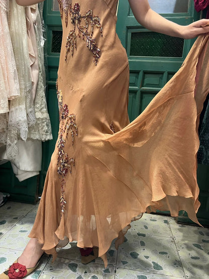 Elegantes braunes und goldenes Meerjungfrauen-Abendkleid mit Neckholder, Stickereien und Perlen aus Chiffon, langes Ballkleid P4120
