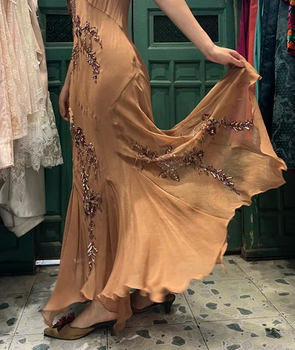 Elegantes braunes und goldenes Meerjungfrauen-Abendkleid mit Neckholder, Stickereien und Perlen aus Chiffon, langes Ballkleid P4120