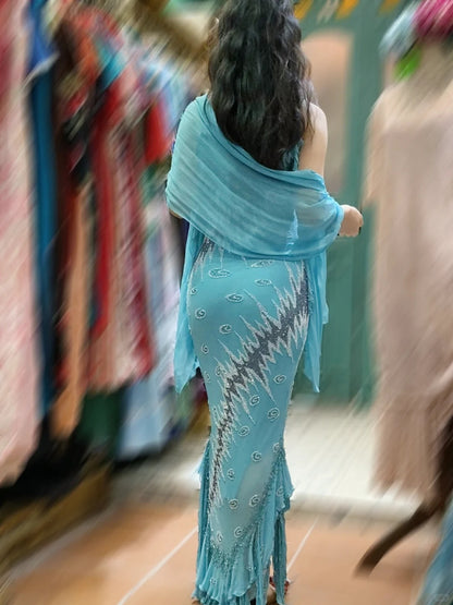 Vintage Meerjungfrauen-Abendkleid in Blau mit Neckholder, Rüschen und Perlen aus Chiffon, lang, P4123