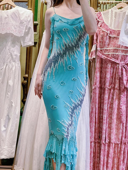 Vintage Meerjungfrauen-Abendkleid in Blau mit Neckholder, Rüschen und Perlen aus Chiffon, lang, P4123