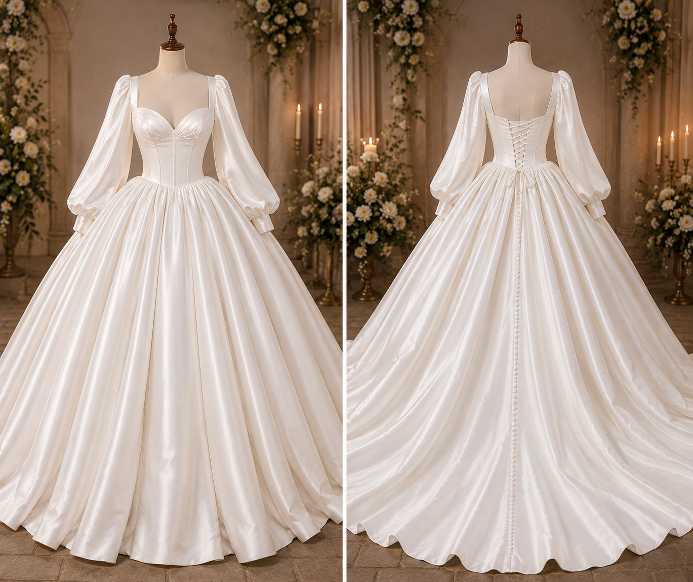 White Satin Ball Gown Wedding Dress P5018