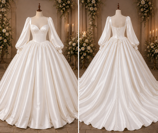 White Satin Ball Gown Wedding Dress P5018