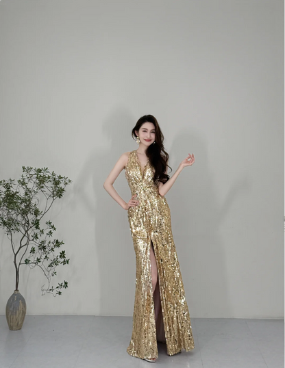 Glitzerndes gelbes Meerjungfrauen-Kleid mit tiefem V-Ausschnitt, Neckholder und Pailletten, langes Ballkleid, Abendkleid P4125