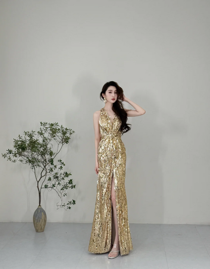 Glitzerndes gelbes Meerjungfrauen-Kleid mit tiefem V-Ausschnitt, Neckholder und Pailletten, langes Ballkleid, Abendkleid P4125