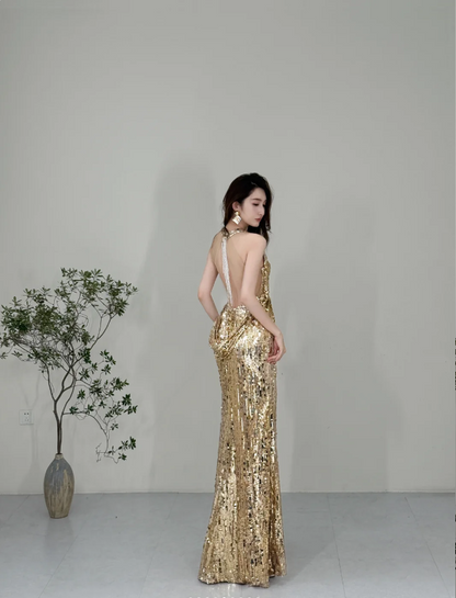 Glitzerndes gelbes Meerjungfrauen-Kleid mit tiefem V-Ausschnitt, Neckholder und Pailletten, langes Ballkleid, Abendkleid P4125