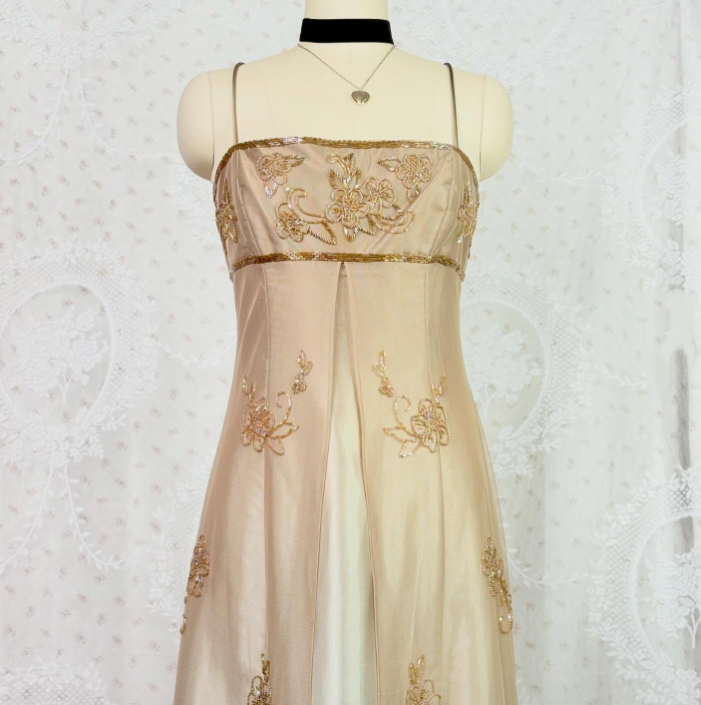 Vintage A Line Spaghetti Straps Gold Long Prom Dresses Party Evening Dress P2454